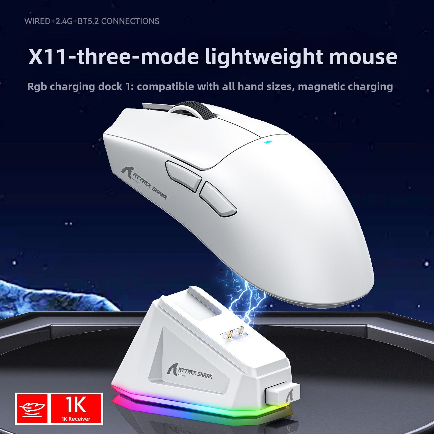 Ratón inalámbrico Attack Shark X11 para gaming | Ratón RGB ligero trimodo