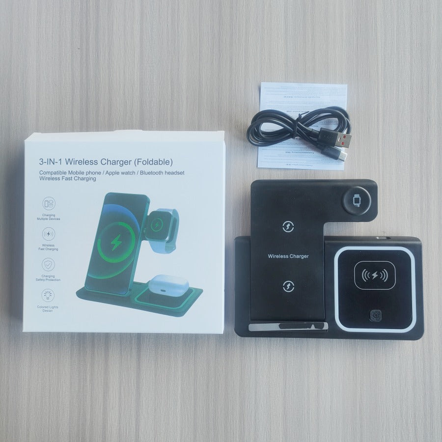 Estación de carga inalámbrica plegable 3 en 1 | Cargador para teléfono, reloj y auriculares